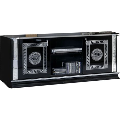 Meuble TV 2 portes 2 niches bois vernis laqué brillant noir et gris Venus 154cm (1/4)