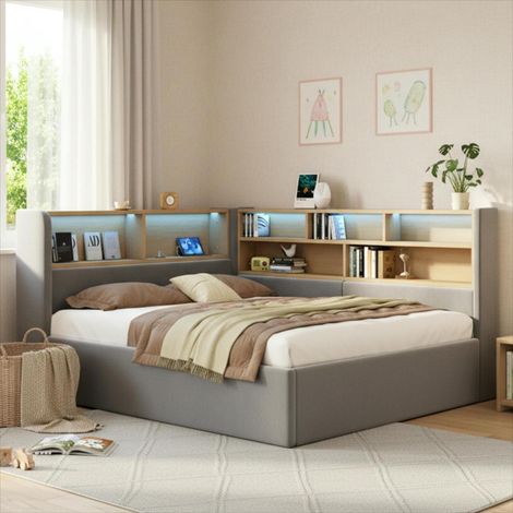 Lit banquette coffre 140x200 cm avec rangement hydraulique, LED, USB et USB-C, tête de lit avec étagères, sommier à lattes, velours, gris (1/5)