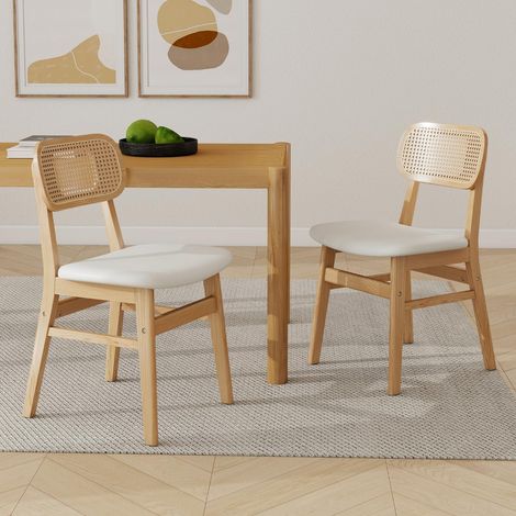 Wahson Dining Chairs 2Pcs Upholstered in PU Leather Retro Rustic Kitchen Chairs with Wooden Legs for Living Room Restaurant, White