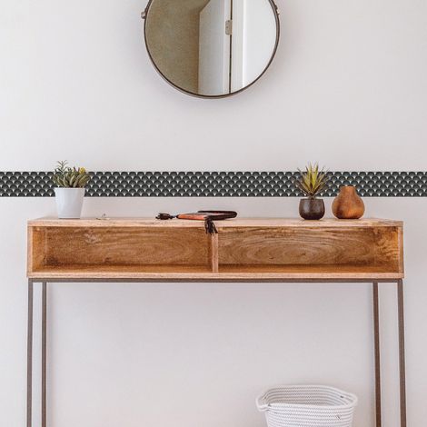 Frise adhésive autocollante noir et blanc, 10 cm X 300 cm, déco murale arboréa, motif éventails, décoration intérieure murale. (1/2)
