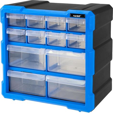 Boîte de rangement pour petites pièces avec 12 tiroirs, Boîte d’assortiment pour vis et outils 24 compartiments 26,5 x 26,5 x 16 cm Bleu-Noir (1/5)
