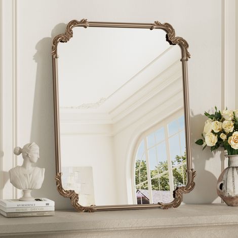Keonjinn Miroir Mural baroque doré 60 x 80 cm - Cadre métallique vintage - Miroir Décoratif pour Entrée, Salon, Salle de bain, Chambre - en verre trempé HD