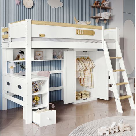 Lit enfant 90x200 cm avec bureau, armoire et étagères, blanc et naturel HAVRYA (1/5)