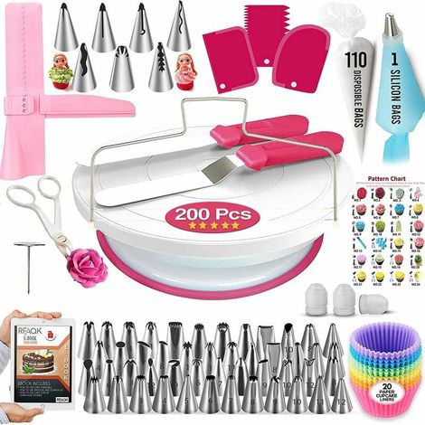 1 Kit pâtisserie, 200 ustensiles, acier inoxydable, silicone, plateau tournant 30cm, décoration gâteau (1/5)