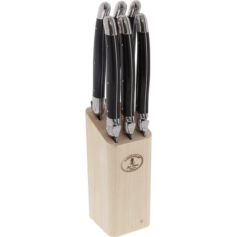 Jean Dubost - 6 couteaux laguiole 'angle' avec bloc en bois naturel