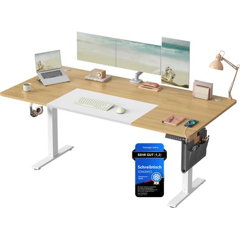Bureau Électrique Réglable en Hauteur, 180 x 80 cm, Table Assis-Debout, Fonction Mémoire 4 Hauteurs, Port USB-C, pour Bureau, Télétravail, Couleur Chêne Naturel et Blanc Mat (1/5)