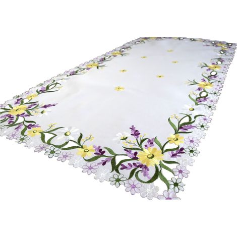 Tischläufer, weiß, bestickter Satin, 60 x 120 cm, Deckchen mit gestickten lila Blumen (1/5)