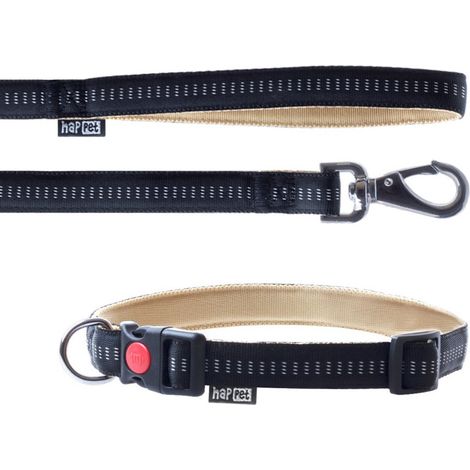 Happet Laisse et Collier Soft Style avec Duo Securité Rembourré - Taille L (33 à 53 cm) - Longueur 120 cm Nylon Beige Noir - Accessoires pour animaux