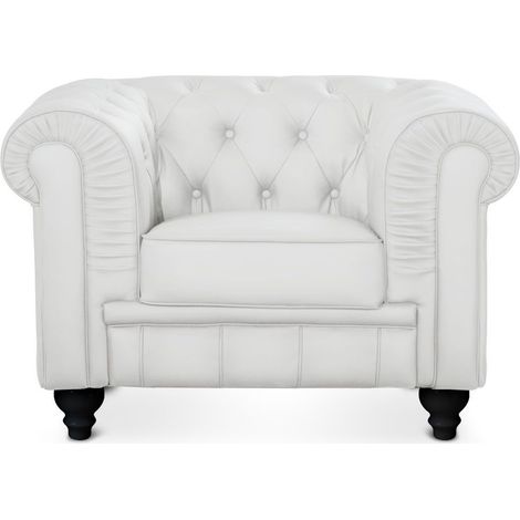 Cotecosy – Fauteuil Chesterfield blanc simili cuir – Largeur 111 cm – Capitonnage élégant – Confort intemporel pour salon (1/3)