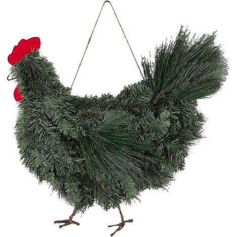 Couronne de Noël avec coq et poulet, décoration de porte d'entrée, guirlande de branches de pin artificielles et feuilles vertes, couronne verte à suspendre au mur ou à la porte. (1/5)