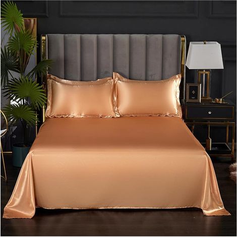 Draps en Soie Rafraîchissants 1 Pc Drap De Lit for Été Glace Cool Tissu Draps Supérieurs Satin Lisse Plat for Literie Double (Pas Taie d'oreiller)(Jianghuangse,2pillowcase18x29inch) (1/3)