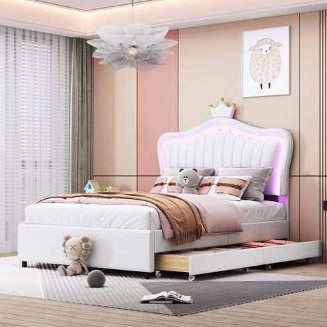 Lit enfant rembourré 90x200cm, cadre de lit simple fille Crown blanc en similicuir avec tiroirs de rangement, éclairage LED, sommier et dossier à lattes, garantie 2 ans (1/5)