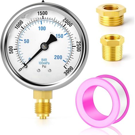 0-210 bars/0-3000 PSI Manomètre à liquide en acier inoxydable 1/4" BSP 2,5" FACE DIAL, montage inférieur avec douilles hexagonales en laiton 3/8" x 1/4" et 1/2" x 1/4" WOG Eau Huile Air
