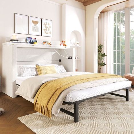 Lit double 140x200 cm, Lit armoire convertible lin beige, tiroir, rangement intégré, ports USB Type-C, sans matelas (1/5)