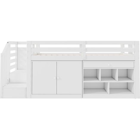 Cama alta infantil multifunción de madera blanca 90 x 200 cm con escalera y almacenaje (1/5)