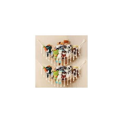 Hamac de rangement pour jouets 140x105x105 cm – Coton et métal – Organisateur suspendu pour peluches – Design bohème avec franges (1/4)