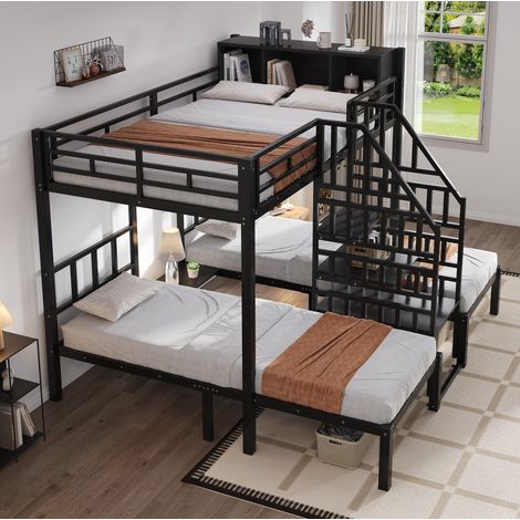 Letto a castello 239x208x161 cm, 3 posti letto, scala con corrimano, vano contenitore superiore, metallo e legno nero (1/5)