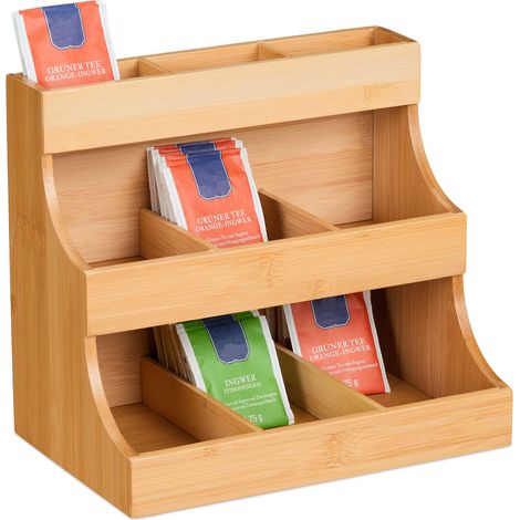 Relaxdays Scatola Organizer 9 Scomparti Porta Bustine da Tè e Tisane, HLP 24 x 26 x 17,5 cm, Cassetta in Bambù, Naturale