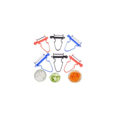 Ein Set aus 6 außergewöhnlichen Sparschälern, ein multifunktionales Werkzeug zum Schälen und Schneiden von Obst und Gemüse, ist ideal für jede Küche oder Bar. – Crezuo