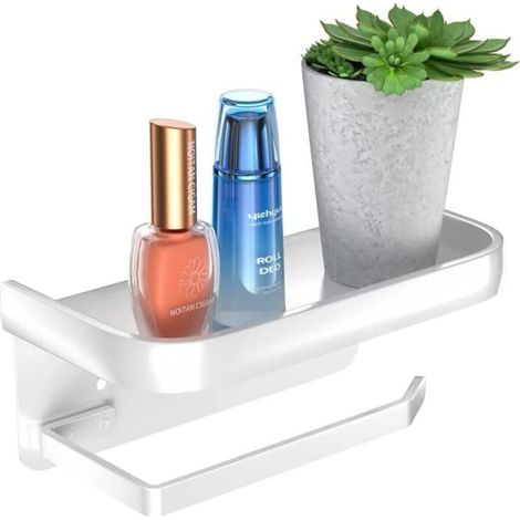 Porte-Papier Toilette sans Perçage en Aluminium, Porte-Rouleau avec étagères Spacieuses, Support de Papier Toilette Auto-adhésif, Porte-Papier Mural pour Salle de Bain, Cuisine (Blanc) (1/4)