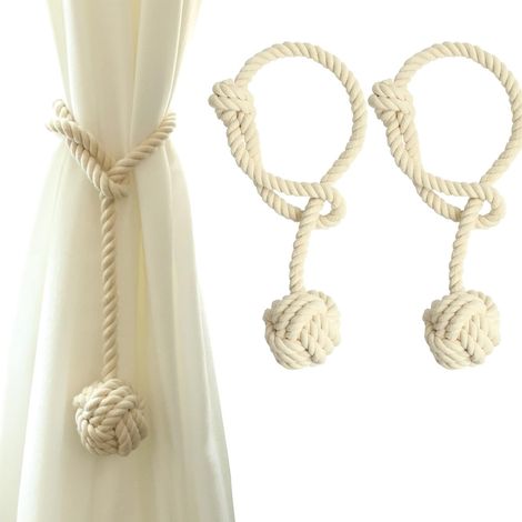 Lot de 2 embrasses de Rideaux avec Grande Boule tissée en Coton tissé à la Main pour l'extérieur (Beige, 2) (1/5)