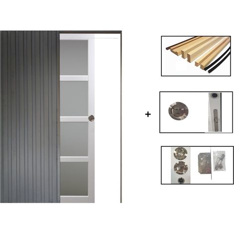 Gdmenuiseries – Porte coulissante Tana blanche vitrée H204 x L93 – Système de galandage – Kit finition inclus – Vitrage dépoli pour luminosité