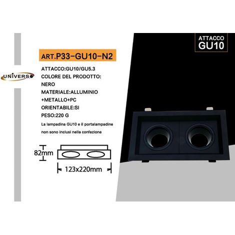 PORTAFARETTO GU10 ORIENTABILE NERO MODERNO SALVASPAZIO EMISSIONI UNIVERSO 220V DOPPIO