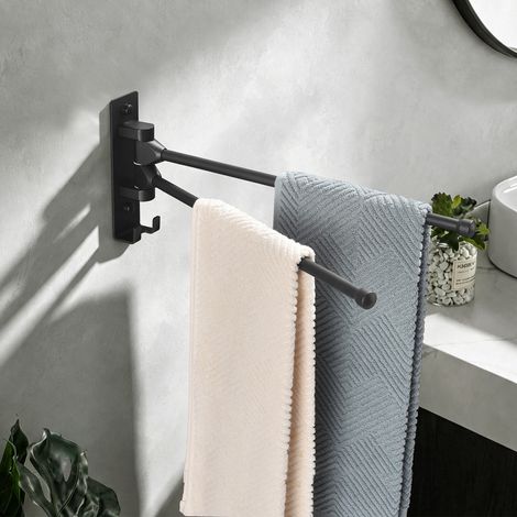 Porte-Serviettes 2 Barres Noir en Aluminium, Porte-Serviettes Mural Pivotant avec Crochets, Installation Sans Perçage ou à Vis, 40 cm (1/5)