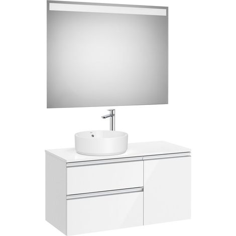Pack meuble "The gap" 1000 pour vasque à gauche - 2 tiroirs + 1 porte + plan + miroir LED - blanc brillant - Roca (1/2)
