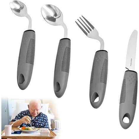 longziming - Set de Couverts Adaptatifs - Couverts Ergonomiques - Aide Pour Mobilité Réduite - Angle Fixe de 42° - Poids Adaptatif - Acier Inoxydable et Silicone - Réduit la Fatigue du Poignet - 4 Piè (1/5)