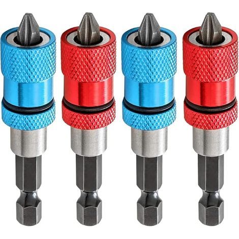 4pcs Porte-Embouts Magnétique avec Profondeur de Vissage Réglable Tige Hexagonale 1/4" Drywall Screwdriver Bit Holder Comprend 4 Têtes de Tournevis PH2 pour Cloison Sèche Bit (Rouge+Bleu) (1/5)
