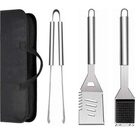 Lot de 3 Ustensiles de Barbecue en Acier Inoxydable avec Sac de Transport, Spatule, Pince et Fourchette, Accessoires pour Barbecue, Cuisine, Camping en Plein Air (1/4)