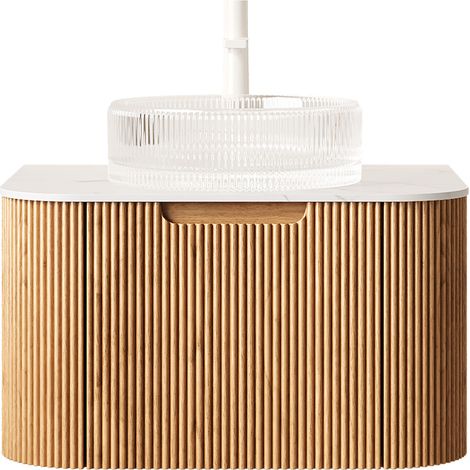 Meuble lavabo salle de bain suspendu 61 cm avec vasque ronde en verre transparent et plan en Carrara blanc (1/5)