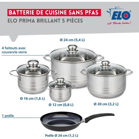 Ensemble de 1 Poêle de cuisson 24 cm et 4 faitouts 12, 16, 20 et 24 cm Elo Prima Brillant (1/5)