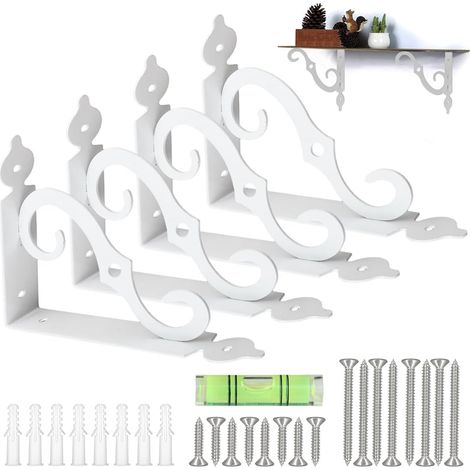 Set di quattro staffe in ferro battuto, staffe per mensole da 140 x 110 mm, supporti per mensole in ferro battuto, per decorazione murale. (1/5)