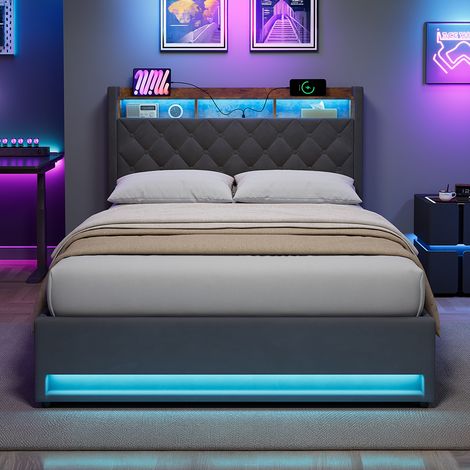 Cama 140x200 cm Tapizada Multifuncional con USB y LED, Amplia Estructura de Listones, Espacio bajo la Cama, Terciopelo Gris - Diseño Moderno (1/5)