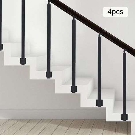 Lot de 4 poteaux de rampe d'escalier - 8885cm - Avec supports réglables - Baluster en acier stable pour escalier, terrasse, balcon - Intérieur et extérieur - Noir - Montage facile avec (1/5)