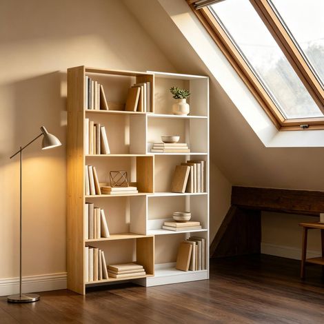 Libreria modulare a 5 livelli in pannelli truciolari, rovere e bianco, 111,5 x 23,8 x 163,7 cm (1/5)