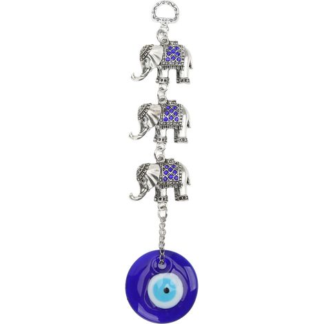 Dieser Glück bringende Elefanten-Amulett, verziert mit einem türkisfarbenen bösen Blick, ist aus Metall und Glas gefertigt und kann als Wanddekoration in Ihrem Zuhause oder Büro aufgehängt werden, um 