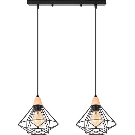 2 Tête Rétro Lustre Susepnsion Industrielle Cage en Métal E27 Luminaire en Bois pour Chambre Salon Salle à Manger (1/5)