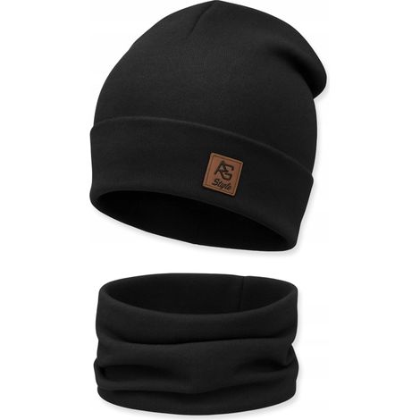 Set composto da cappello e scaldacollo per uomo e donna, a due strati, colore nero caldo. (1/5)