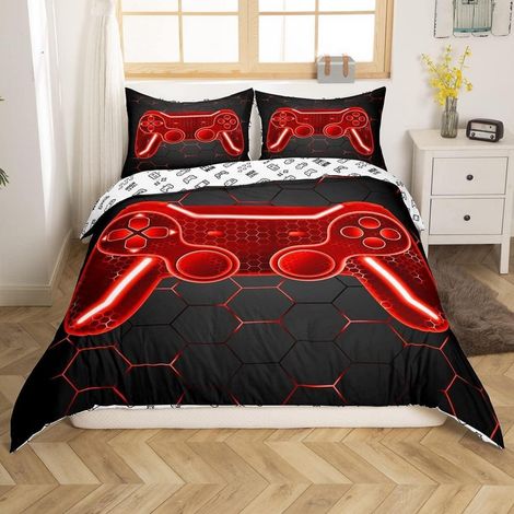 Bettwäsche-Set 135x200cm mit Gamepad-Design, Rot Schwarz, Microfaser