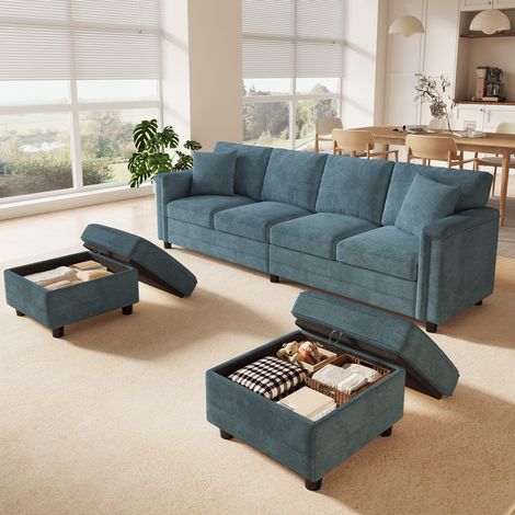 Canapé modulable 4 places en L ou U avec 2 poufs coffre, ports USB et USB-C, tissu chenille bleu, 2 coussins déco, 261 x 134 x 82 cm (1/5)