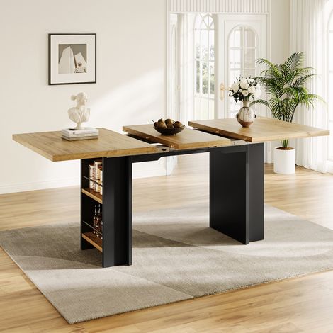Table extensible 120-160x80cm, table à manger avec étagères, table de cuisine escamotable, rallonge intégrée, meuble bois pour salle à manger et séjour, couleur bois naturel (1/5)