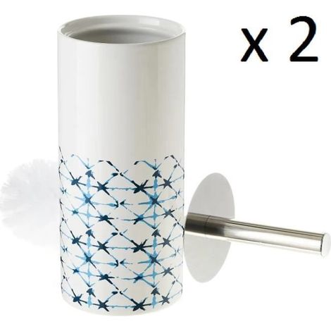 Lot 2 brosse de toilette WC avec support, porte brosse WC en céramique coloris blanc avec motif étoile - Diamètre 10 x Hauteur 32 cm (1/4)