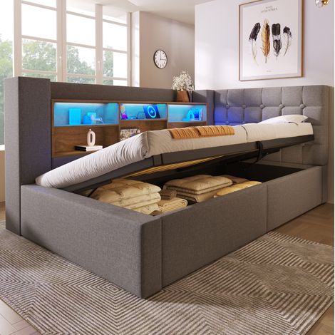 Cama tapizada 90x200 cm con colchón, LED, cabecero en L reversible con USB y almacenaje, arcón hidráulico, gris (1/5)