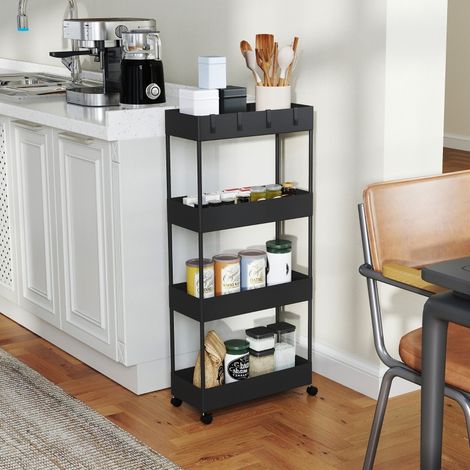 Étagère mobile plastique noire à 4 niveaux avec roulettes freinées, meuble de rangement pour cuisine, salon et chambre, 40 x 19 x 90 cm (1/4)