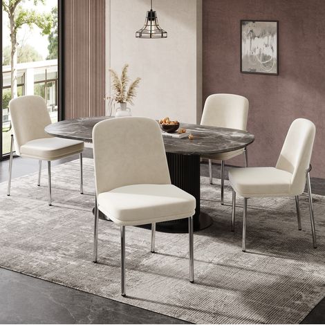Juego de 4 sillas de comedor, asiento acolchado grueso, estructura metálica plateada, terciopelo beige (1/5)