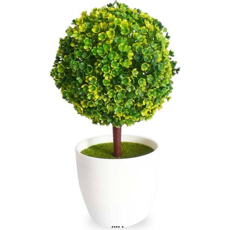Mini plante topiaire Vert jaune déco H25cm en pot plastique blanc - couleur: Blanc-vert
