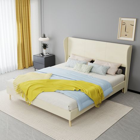 Lit Double Rembourré 160x200 cm avec Tête de Lit en Tissu Beige Design Moderne Minimaliste - PANGIVO (1/5)